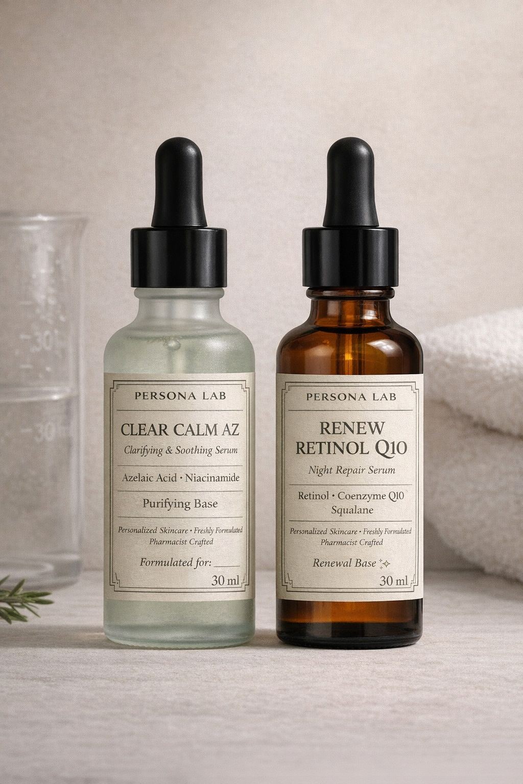 Clear Calm AZ and Renew Retinol Q10 serum bottles